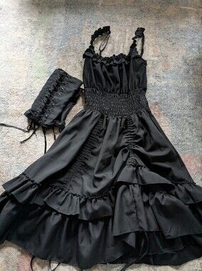 RARE! Witchy Black Ruffled Smocked Midi Dress with Lace-Up Waist Corset Poizen